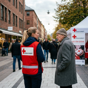 Red Cross volunteer speaking with older man beside tent reading “RÖDA KORSET” and “GE EN GÅVA”
